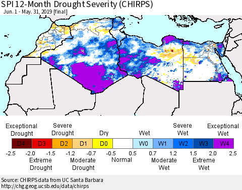 North Africa SPI 12-Month Drought Severity (CHIRPS) Thematic Map For 6/1/2018 - 5/31/2019