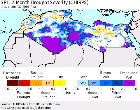 North Africa SPI 12-Month Drought Severity (CHIRPS) Thematic Map For 7/1/2018 - 6/30/2019