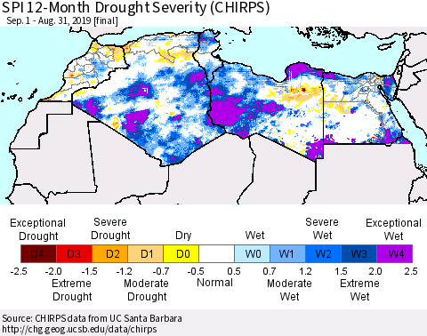 North Africa SPI 12-Month Drought Severity (CHIRPS) Thematic Map For 9/1/2018 - 8/31/2019