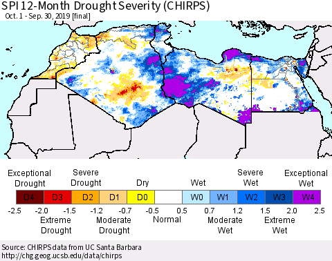 North Africa SPI 12-Month Drought Severity (CHIRPS) Thematic Map For 10/1/2018 - 9/30/2019