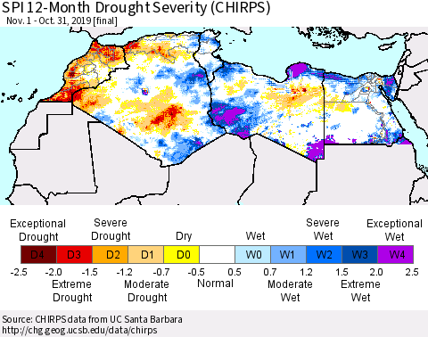 North Africa SPI 12-Month Drought Severity (CHIRPS) Thematic Map For 11/1/2018 - 10/31/2019