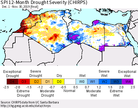 North Africa SPI 12-Month Drought Severity (CHIRPS) Thematic Map For 12/1/2018 - 11/30/2019