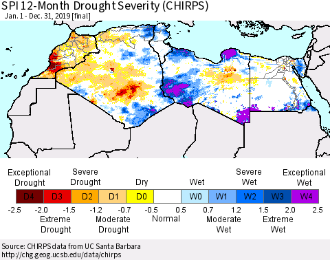 North Africa SPI 12-Month Drought Severity (CHIRPS) Thematic Map For 1/1/2019 - 12/31/2019