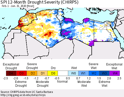 North Africa SPI 12-Month Drought Severity (CHIRPS) Thematic Map For 2/1/2019 - 1/31/2020