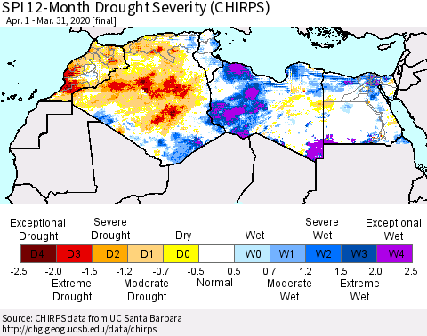 North Africa SPI 12-Month Drought Severity (CHIRPS) Thematic Map For 4/1/2019 - 3/31/2020
