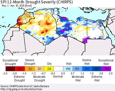 North Africa SPI 12-Month Drought Severity (CHIRPS) Thematic Map For 5/1/2019 - 4/30/2020