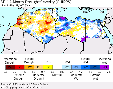 North Africa SPI 12-Month Drought Severity (CHIRPS) Thematic Map For 6/1/2019 - 5/31/2020