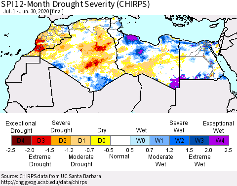 North Africa SPI 12-Month Drought Severity (CHIRPS) Thematic Map For 7/1/2019 - 6/30/2020
