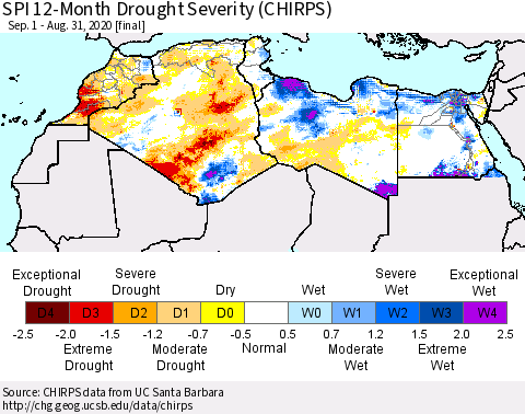 North Africa SPI 12-Month Drought Severity (CHIRPS) Thematic Map For 9/1/2019 - 8/31/2020