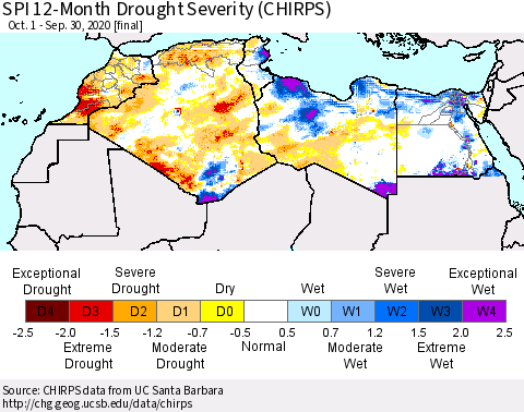 North Africa SPI 12-Month Drought Severity (CHIRPS) Thematic Map For 10/1/2019 - 9/30/2020