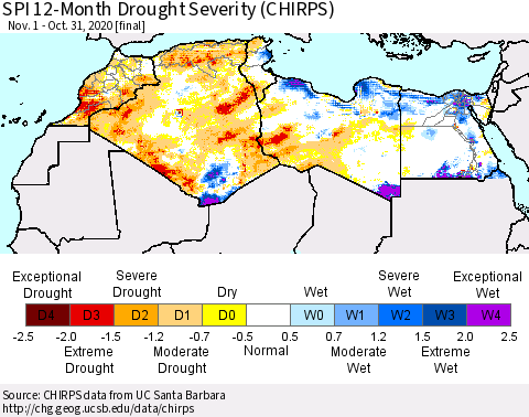 North Africa SPI 12-Month Drought Severity (CHIRPS) Thematic Map For 11/1/2019 - 10/31/2020