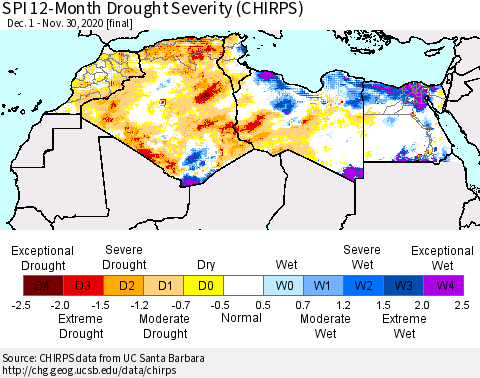 North Africa SPI 12-Month Drought Severity (CHIRPS) Thematic Map For 12/1/2019 - 11/30/2020