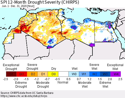 North Africa SPI 12-Month Drought Severity (CHIRPS) Thematic Map For 1/1/2020 - 12/31/2020