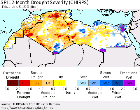 North Africa SPI 12-Month Drought Severity (CHIRPS) Thematic Map For 2/1/2020 - 1/31/2021
