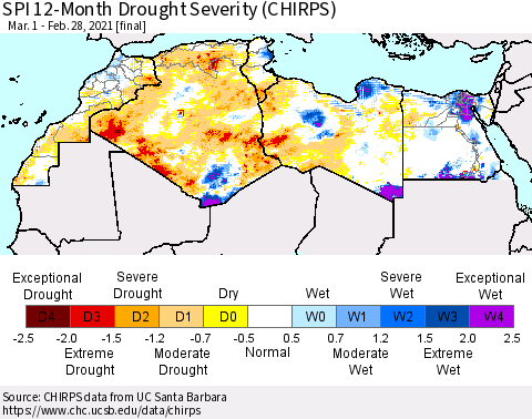 North Africa SPI 12-Month Drought Severity (CHIRPS) Thematic Map For 3/1/2020 - 2/28/2021