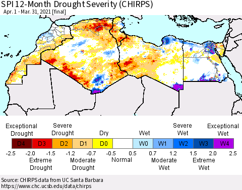 North Africa SPI 12-Month Drought Severity (CHIRPS) Thematic Map For 4/1/2020 - 3/31/2021