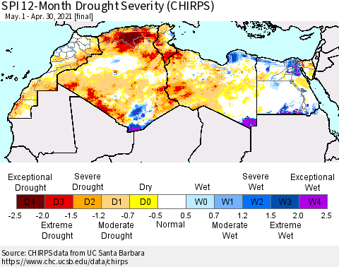 North Africa SPI 12-Month Drought Severity (CHIRPS) Thematic Map For 5/1/2020 - 4/30/2021