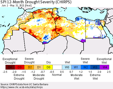 North Africa SPI 12-Month Drought Severity (CHIRPS) Thematic Map For 6/1/2020 - 5/31/2021