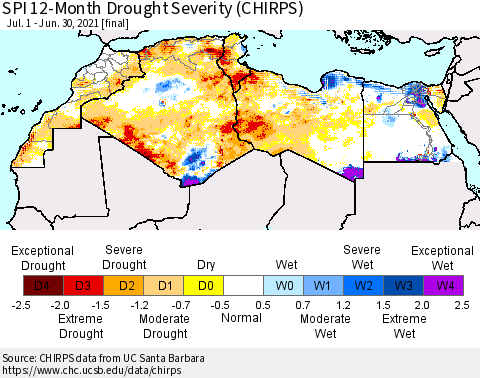 North Africa SPI 12-Month Drought Severity (CHIRPS) Thematic Map For 7/1/2020 - 6/30/2021
