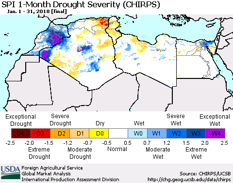 North Africa SPI 1-Month Drought Severity (CHIRPS) Thematic Map For 1/1/2018 - 1/31/2018