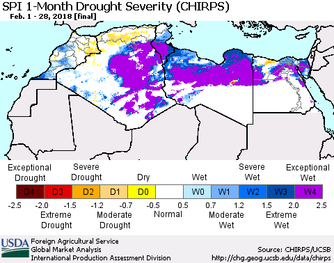 North Africa SPI 1-Month Drought Severity (CHIRPS) Thematic Map For 2/1/2018 - 2/28/2018