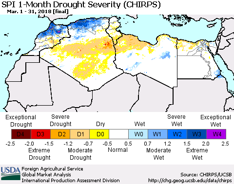 North Africa SPI 1-Month Drought Severity (CHIRPS) Thematic Map For 3/1/2018 - 3/31/2018