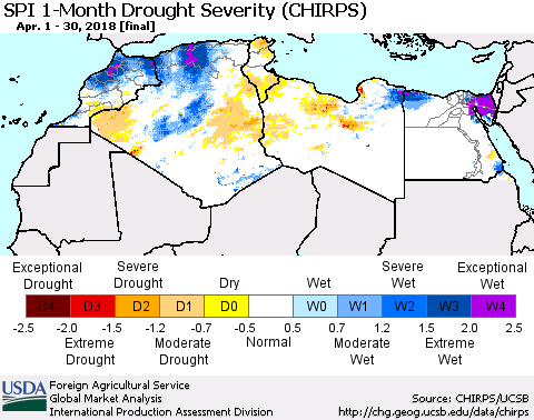 North Africa SPI 1-Month Drought Severity (CHIRPS) Thematic Map For 4/1/2018 - 4/30/2018