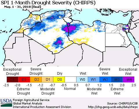 North Africa SPI 1-Month Drought Severity (CHIRPS) Thematic Map For 5/1/2018 - 5/31/2018