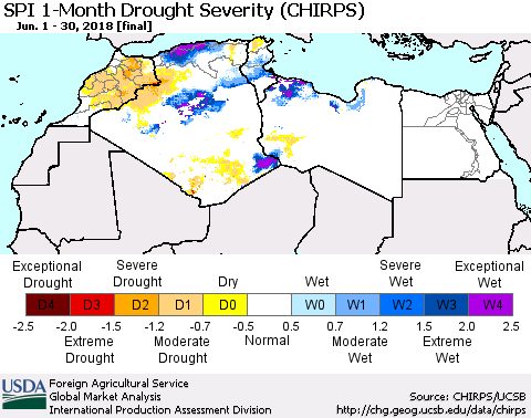 North Africa SPI 1-Month Drought Severity (CHIRPS) Thematic Map For 6/1/2018 - 6/30/2018