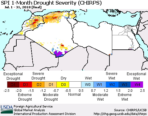 North Africa SPI 1-Month Drought Severity (CHIRPS) Thematic Map For 7/1/2018 - 7/31/2018