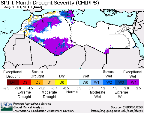 North Africa SPI 1-Month Drought Severity (CHIRPS) Thematic Map For 8/1/2018 - 8/31/2018