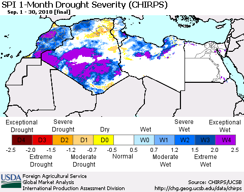 North Africa SPI 1-Month Drought Severity (CHIRPS) Thematic Map For 9/1/2018 - 9/30/2018