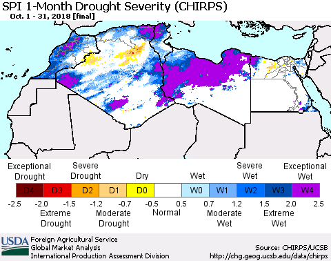 North Africa SPI 1-Month Drought Severity (CHIRPS) Thematic Map For 10/1/2018 - 10/31/2018
