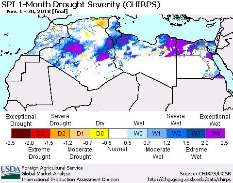 North Africa SPI 1-Month Drought Severity (CHIRPS) Thematic Map For 11/1/2018 - 11/30/2018