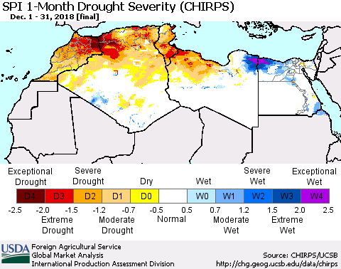 North Africa SPI 1-Month Drought Severity (CHIRPS) Thematic Map For 12/1/2018 - 12/31/2018