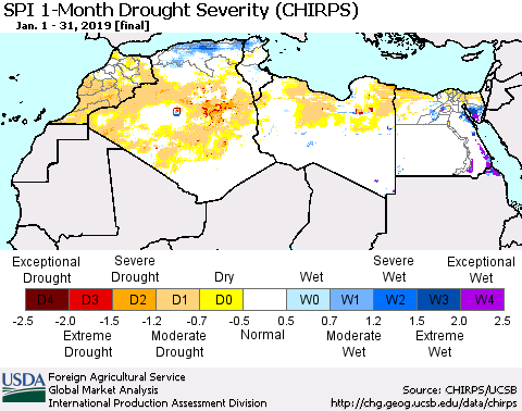 North Africa SPI 1-Month Drought Severity (CHIRPS) Thematic Map For 1/1/2019 - 1/31/2019