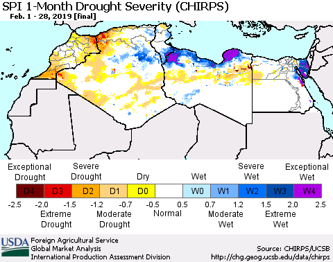 North Africa SPI 1-Month Drought Severity (CHIRPS) Thematic Map For 2/1/2019 - 2/28/2019