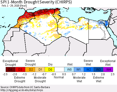 North Africa SPI 1-Month Drought Severity (CHIRPS) Thematic Map For 2/1/2020 - 2/29/2020