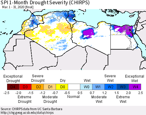 North Africa SPI 1-Month Drought Severity (CHIRPS) Thematic Map For 3/1/2020 - 3/31/2020