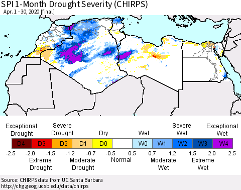 North Africa SPI 1-Month Drought Severity (CHIRPS) Thematic Map For 4/1/2020 - 4/30/2020