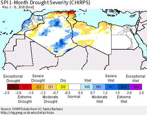 North Africa SPI 1-Month Drought Severity (CHIRPS) Thematic Map For 5/1/2020 - 5/31/2020