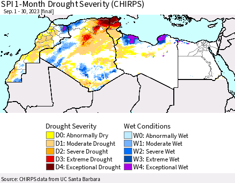 North Africa SPI 1-Month Drought Severity (CHIRPS) Thematic Map For 9/1/2023 - 9/30/2023