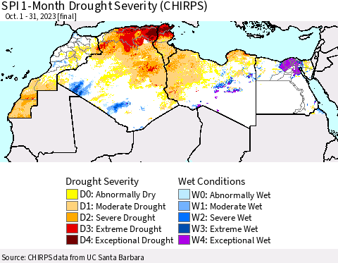 North Africa SPI 1-Month Drought Severity (CHIRPS) Thematic Map For 10/1/2023 - 10/31/2023