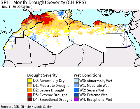 North Africa SPI 1-Month Drought Severity (CHIRPS) Thematic Map For 11/1/2023 - 11/30/2023