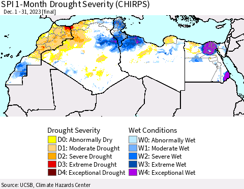 North Africa SPI 1-Month Drought Severity (CHIRPS) Thematic Map For 12/1/2023 - 12/31/2023