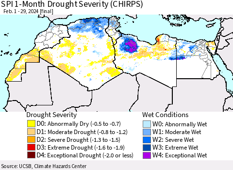 North Africa SPI 1-Month Drought Severity (CHIRPS) Thematic Map For 2/1/2024 - 2/29/2024