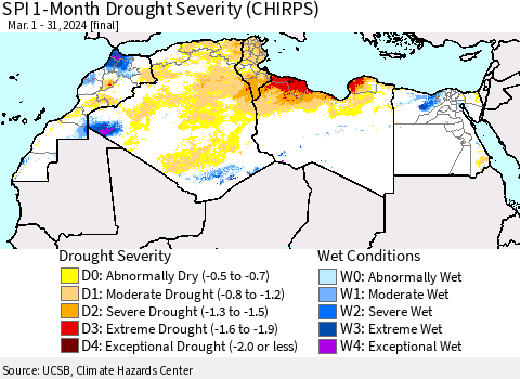 North Africa SPI 1-Month Drought Severity (CHIRPS) Thematic Map For 3/1/2024 - 3/31/2024