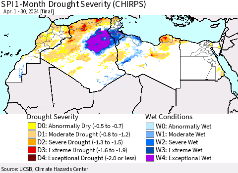 North Africa SPI 1-Month Drought Severity (CHIRPS) Thematic Map For 4/1/2024 - 4/30/2024