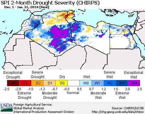 North Africa SPI 2-Month Drought Severity (CHIRPS) Thematic Map For 12/1/2017 - 1/31/2018