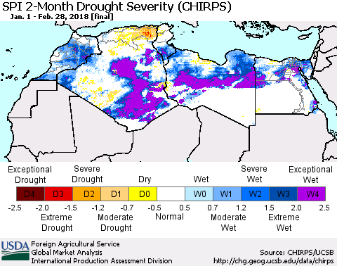 North Africa SPI 2-Month Drought Severity (CHIRPS) Thematic Map For 1/1/2018 - 2/28/2018